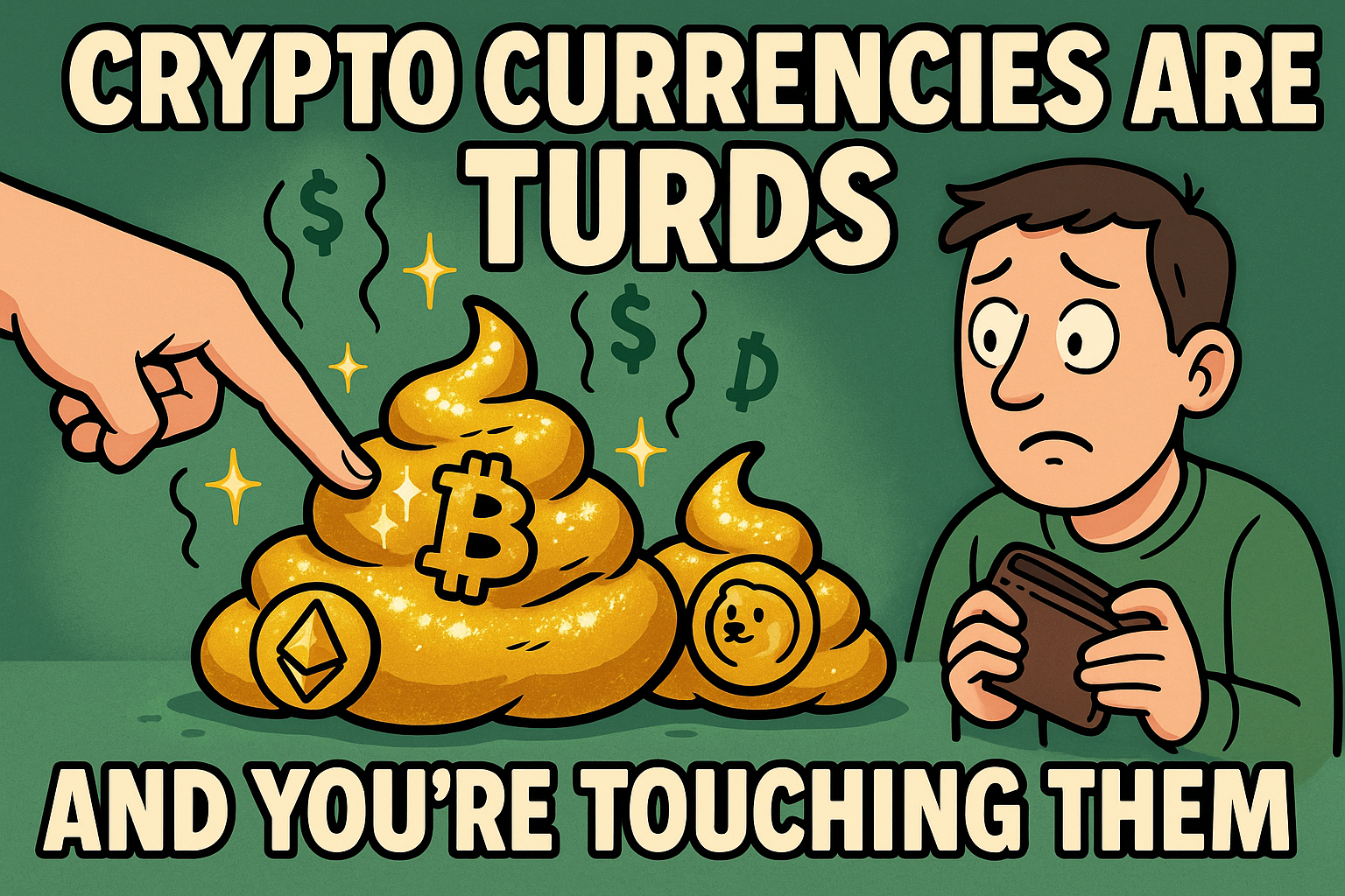 a cartoon of a man and a man looking at a pile of gold coins